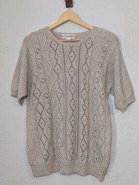 Vintage Open Knit Beaded Short Sleeve Sweater Shirt Boho Hippie Festival Beach